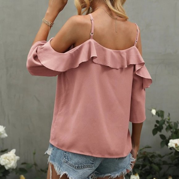 Ruffle Detail Cold Shoulder Blouse - pink ( more colors ) - Picture 4 of 5